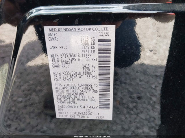 45561457 :رقم المزاد ، 5N1DL0MN1LC547467 vin ، 2020 Infiniti Qx60 Pure مزاد بيع