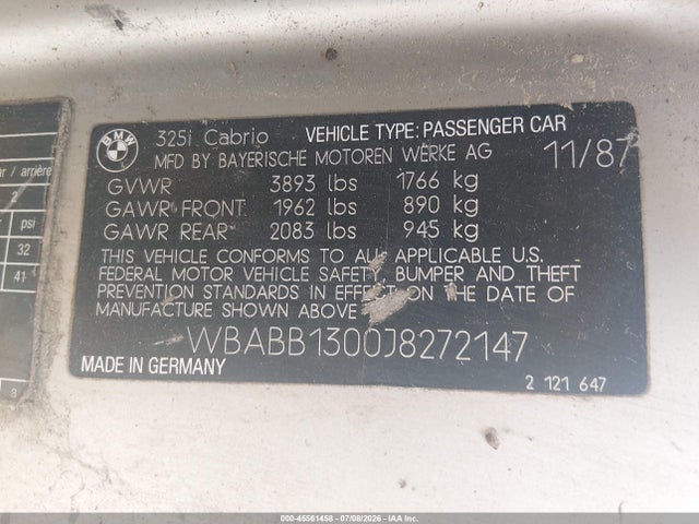 45561458 :رقم المزاد ، WBABB1300J8272147 vin ، 1988 Bmw 325 I مزاد بيع