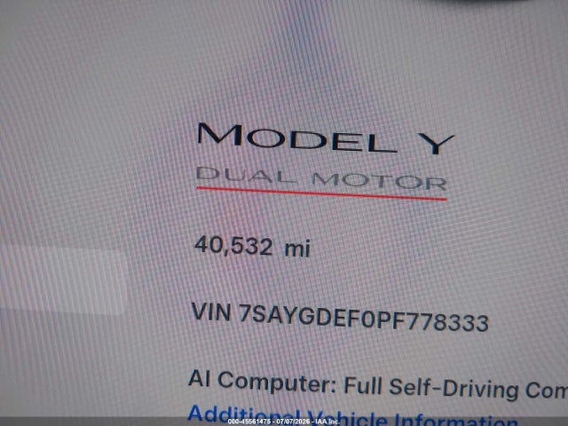 45561475 :رقم المزاد ، 7SAYGDEF0PF778333 vin ، 2023 Tesla Model Y Performance Dual Motor All-wheel Drive مزاد بيع