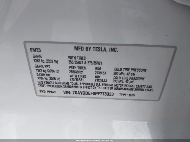 45561475 :رقم المزاد ، 7SAYGDEF0PF778333 vin ، 2023 Tesla Model Y Performance Dual Motor All-wheel Drive مزاد بيع