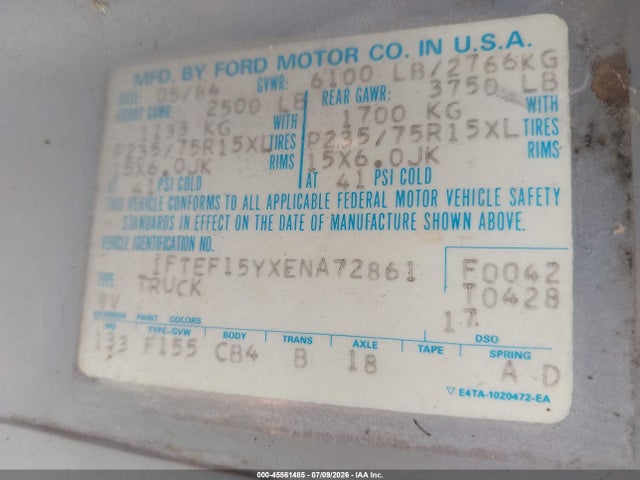 Продаж на аукціоні авто 1984 Ford F150, vin: 1FTEF15YXENA72861, номер лоту: 45561485