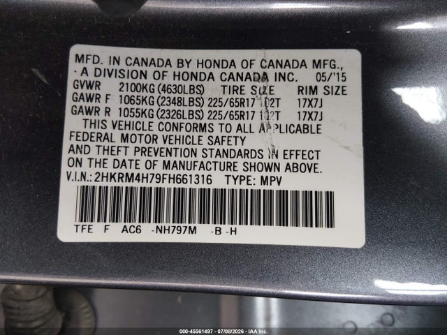 Honda Cr-v Ex-l 2015 2HKRM4H79FH661316 Image 9