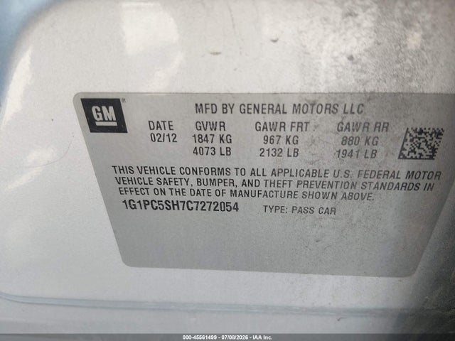 45561499 :رقم المزاد ، 1G1PC5SH7C7272054 vin ، 2012 Chevrolet Cruze Ls مزاد بيع