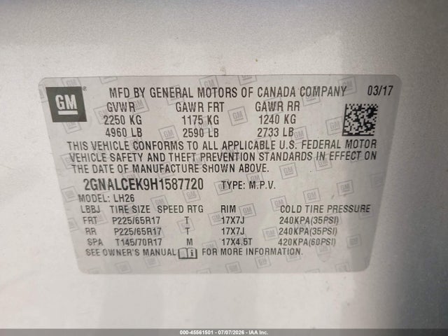 Chevrolet EQUINOX LT 2017 2GNALCEK9H1587720 Image 9