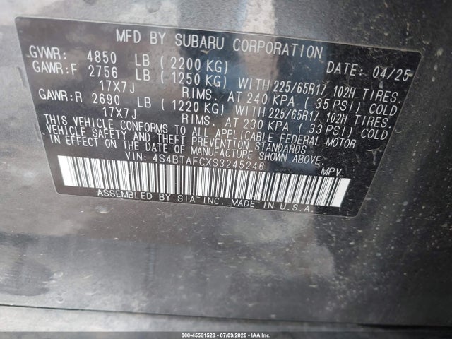 Aukcja sprzedaży 2025 Subaru Outback Premium, vin: 4S4BTAFCXS3245246, numer aukcji: 45561529