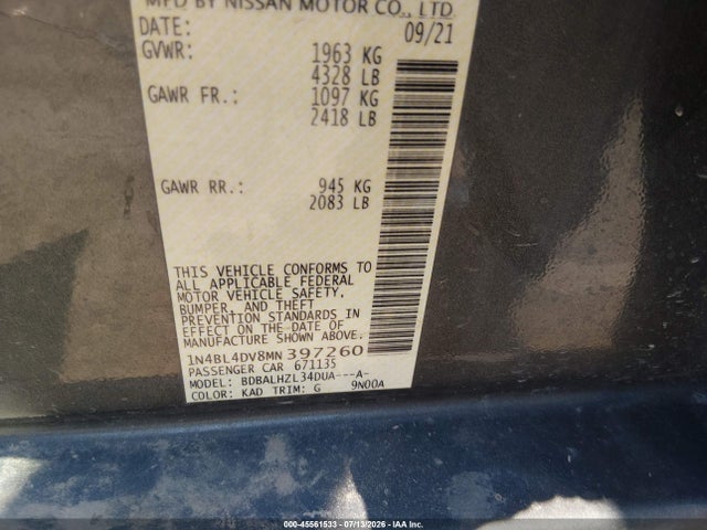 Продаж на аукціоні авто 2021 Nissan Altima Sv Fwd, vin: 1N4BL4DV8MN397260, номер лоту: 45561533