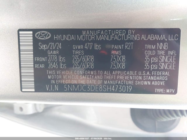 Aukcja sprzedaży 2025 Hyundai Tucson Sel Convenience, vin: 5NMJC3DE8SH473019, numer aukcji: 45561537