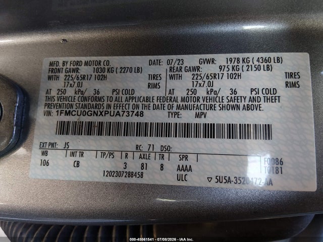 1FMCU0GNXPUA73748 Ford Escape Active
