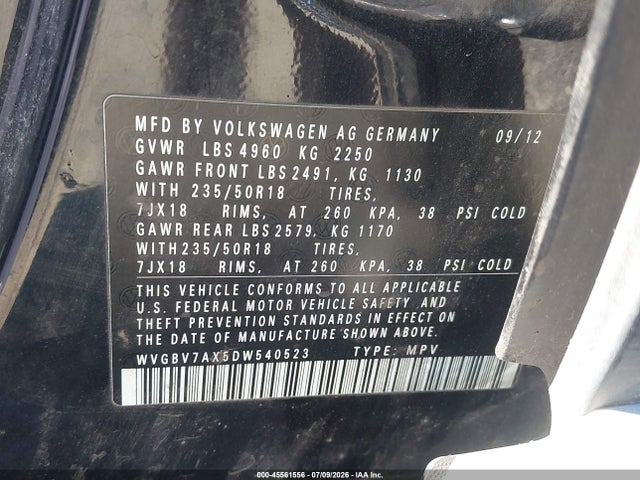 2013 Volkswagen Tiguan Se მანქანა იყიდება აუქციონზე, vin: WVGBV7AX5DW540523, აუქციონის ნომერი: 45561556