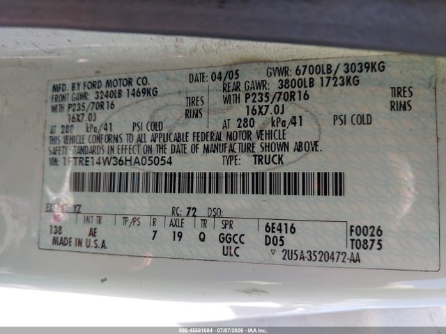 Продаж на аукціоні авто 2006 Ford E-150 Commercial/recreational, vin: 1FTRE14W36HA05054, номер лоту: 45561584
