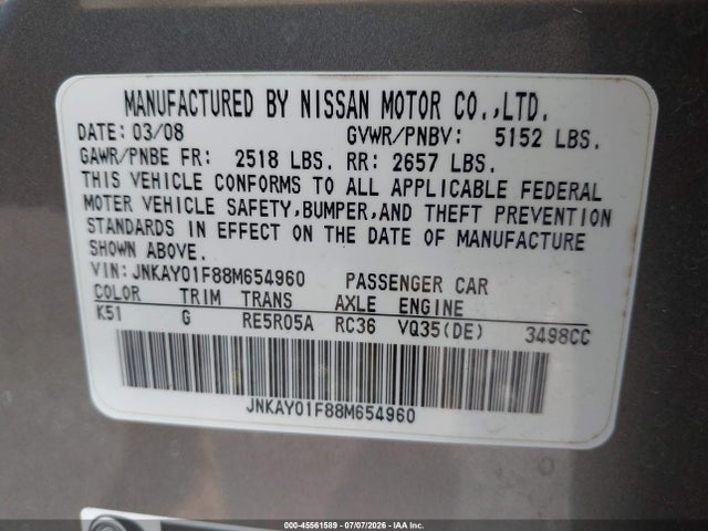 2008 Infiniti M35x მანქანა იყიდება აუქციონზე, vin: JNKAY01F88M654960, აუქციონის ნომერი: 45561589