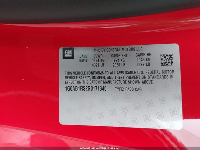 45561593 :رقم المزاد ، 1G6AB1RS2G0171340 vin ، 2016 Cadillac Ats Luxury Collection مزاد بيع