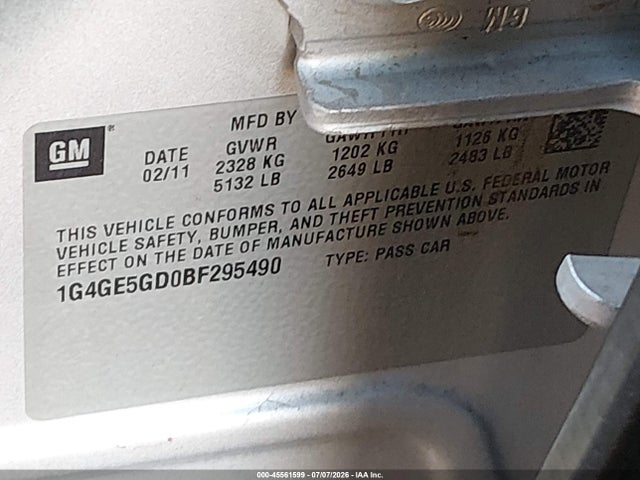 45561599 :رقم المزاد ، 1G4GE5GD0BF295490 vin ، 2011 Buick Lacrosse Cxs مزاد بيع