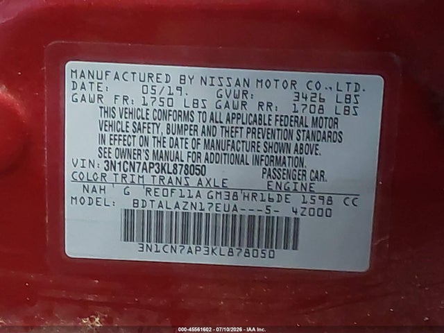 Aukcja sprzedaży 2019 Nissan Versa 1.6 S+, vin: 3N1CN7AP3KL878050, numer aukcji: 45561602