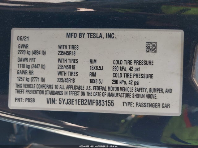 2021 Tesla Model 3 Long Range Dual Motor All-wheel Drive მანქანა იყიდება აუქციონზე, vin: 5YJ3E1EB2MF983155, აუქციონის ნომერი: 45561611