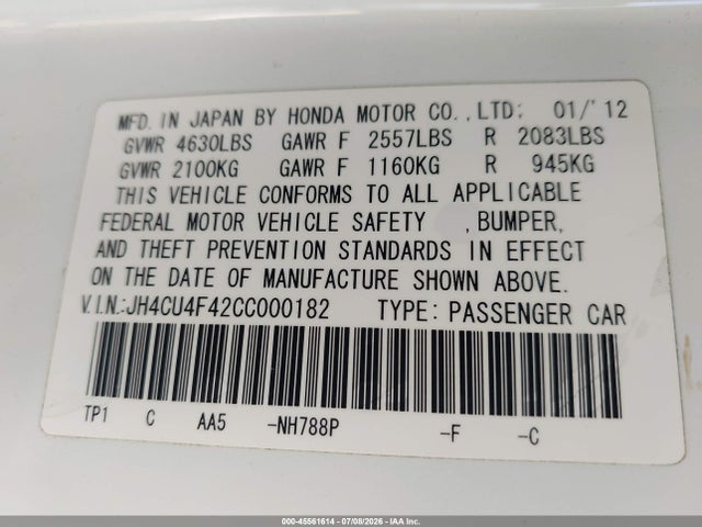 45561614 :رقم المزاد ، JH4CU4F42CC000182 vin ، 2012 Acura Tsx 3.5 مزاد بيع