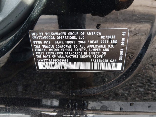 2016 Volkswagen Passat 1.8t Se მანქანა იყიდება აუქციონზე, vin: 1VWBT7A38GC029656, აუქციონის ნომერი: 45561624