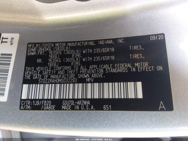 5TDZZRAH0MS032293 Toyota Highlander Le