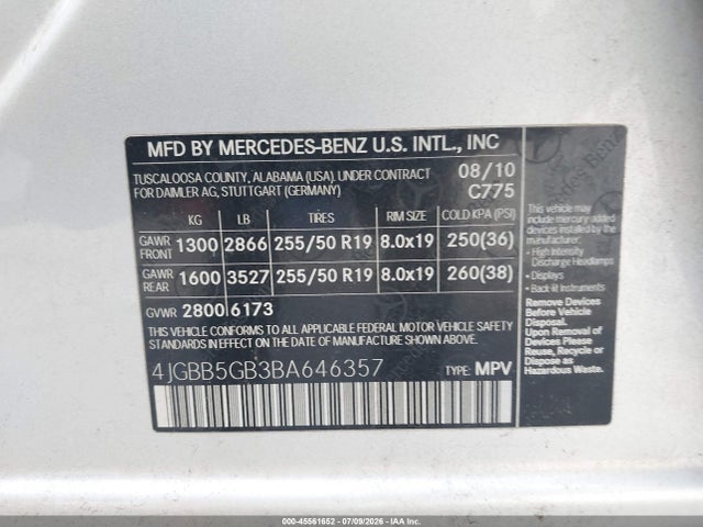 2011 Mercedes-benz Ml 350 მანქანა იყიდება აუქციონზე, vin: 4JGBB5GB3BA646357, აუქციონის ნომერი: 45561652
