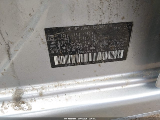 45561655 :رقم المزاد ، 4S3GTAA64K3750467 vin ، 2019 Subaru Impreza 2.0i مزاد بيع