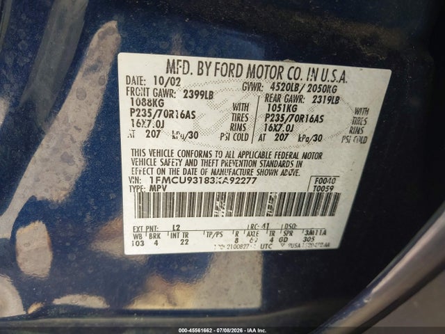 Aukcja sprzedaży 2003 Ford Escape Xlt, vin: 1FMCU93183KA92277, numer aukcji: 45561662