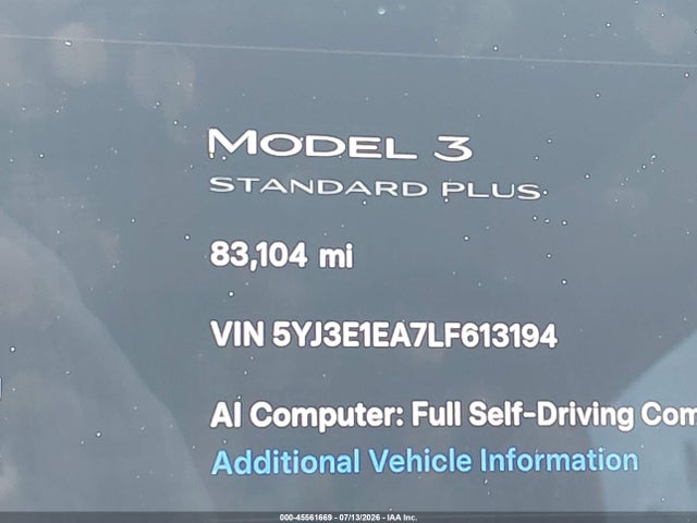 5YJ3E1EA7LF613194 Tesla Model 3 Standard Range Plus Rear-wheel Drive/standard Range Rear-wheel Drive