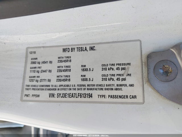 5YJ3E1EA7LF613194 Tesla Model 3 Standard Range Plus Rear-wheel Drive/standard Range Rear-wheel Drive