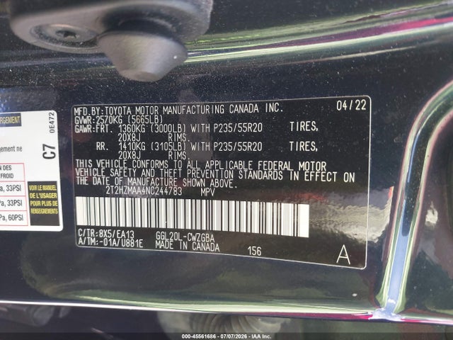 45561686 :رقم المزاد ، 2T2HZMAA4NC244783 vin ، 2022 Lexus Rx 350 مزاد بيع