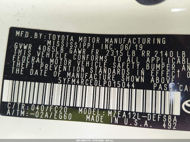 45561718 :رقم المزاد ، 5YFM4RCE0LP015044 vin ، 2020 Toyota Corolla Se  6mt مزاد بيع