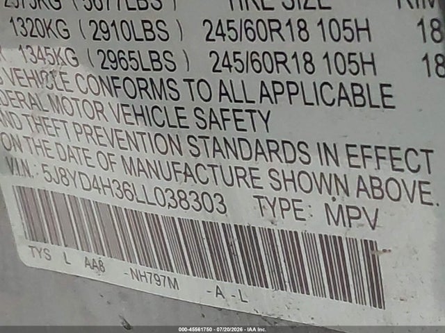 Auction sale of the 2020 Acura Mdx Standard, vin: 5J8YD4H36LL038303, lot number: 45561750