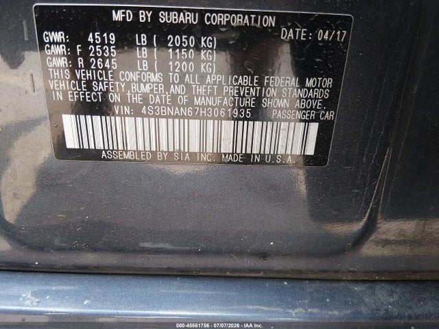 45561756 :رقم المزاد ، 4S3BNAN67H3061935 vin ، 2017 Subaru Legacy 2.5i Limited مزاد بيع