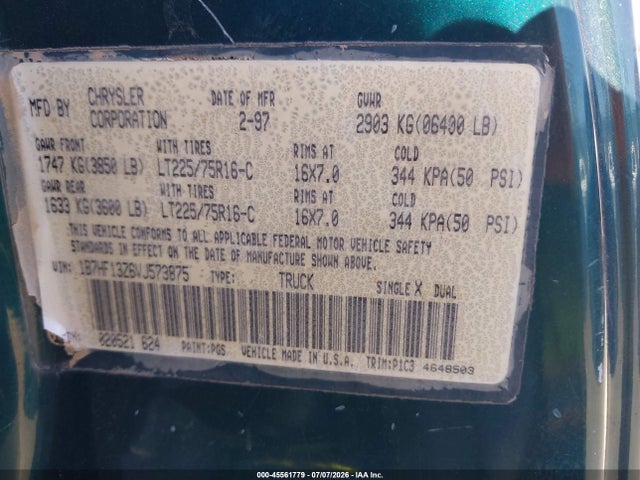 Aukcja sprzedaży 1997 Dodge Ram 1500 St, vin: 1B7HF13Z6VJ573875, numer aukcji: 45561779