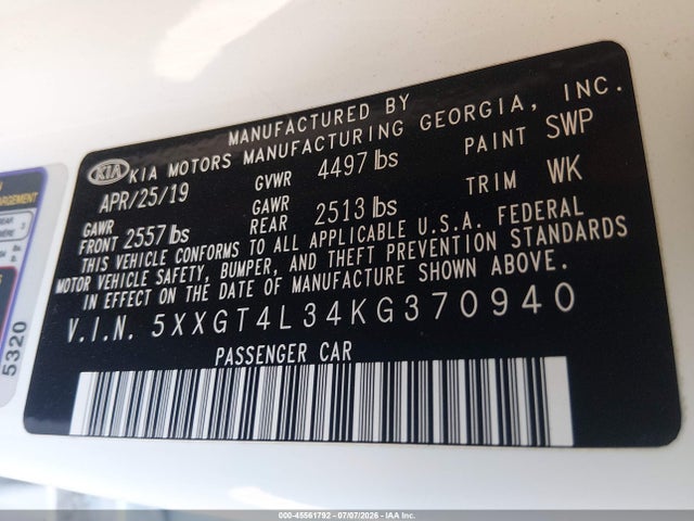 KIA Optima S 2019 5XXGT4L34KG370940 Image 9
