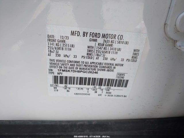 Aukcja sprzedaży 2023 Ford Explorer Xlt, vin: 1FMSK7DH8PGC26246, numer aukcji: 45561810