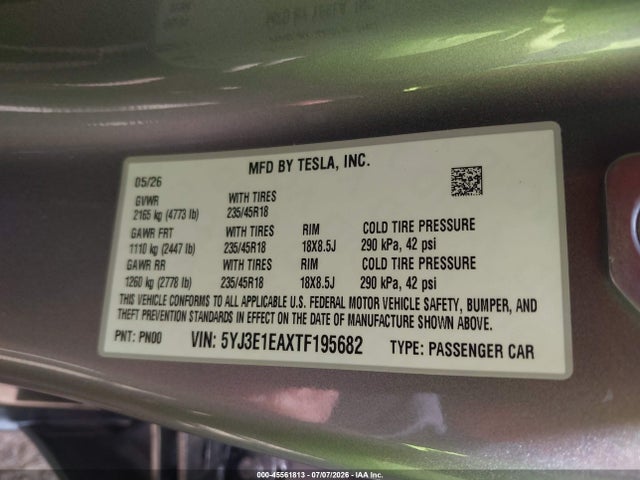 Aukcja sprzedaży 2026 Tesla Model 3 Premium Rear-wheel Drive/rear-wheel Drive, vin: 5YJ3E1EAXTF195682, numer aukcji: 45561813