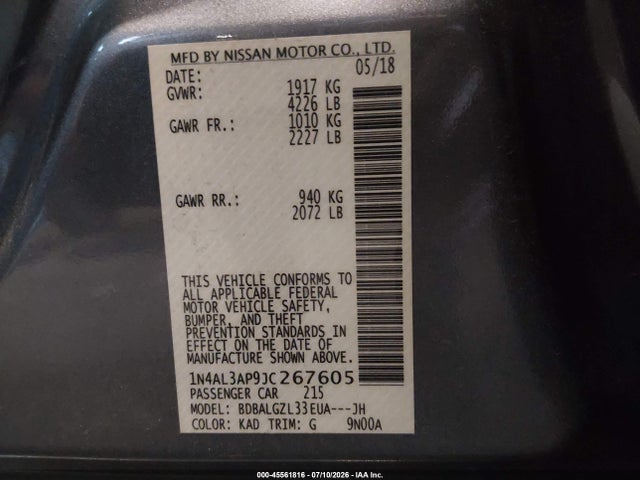 45561816 :رقم المزاد ، 1N4AL3AP9JC267605 vin ، 2018 Nissan Altima 2.5 S مزاد بيع