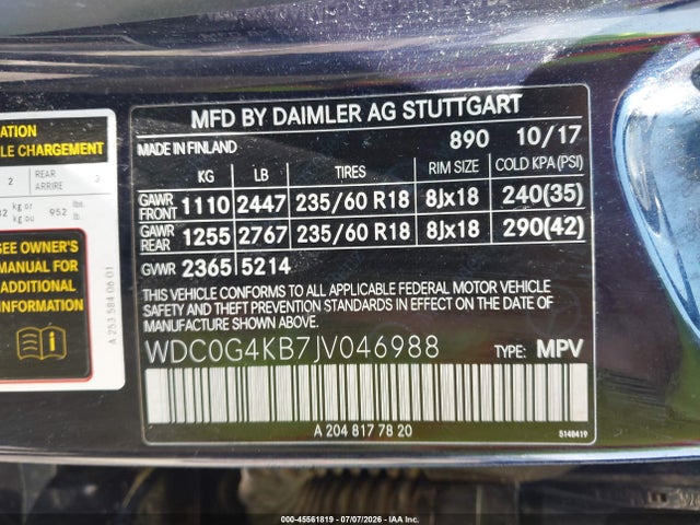 Aukcja sprzedaży 2018 Mercedes-benz Glc 300 4matic, vin: WDC0G4KB7JV046988, numer aukcji: 45561819