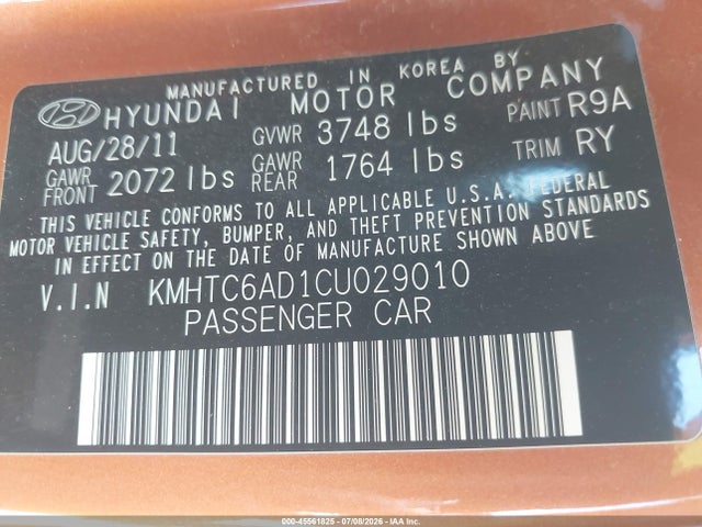 Продажа на аукционе авто 2012 Hyundai Veloster Base W/black, vin: KMHTC6AD1CU029010, номер лота: 45561825