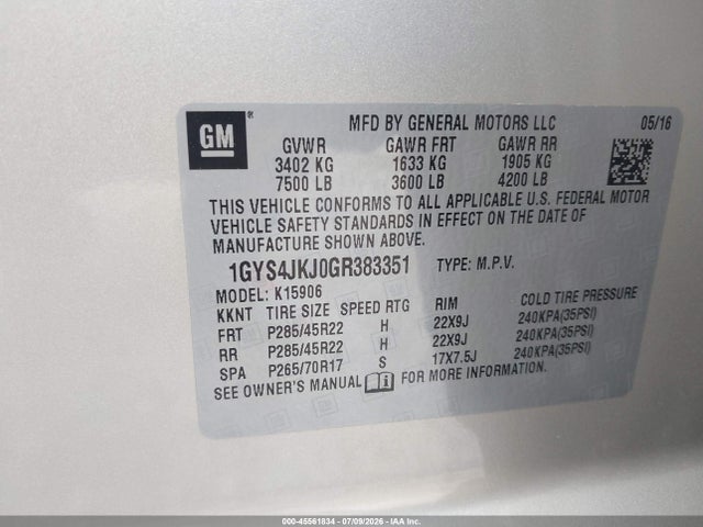 Aukcja sprzedaży 2016 Cadillac Escalade Esv Premium Collection, vin: 1GYS4JKJ0GR383351, numer aukcji: 45561834