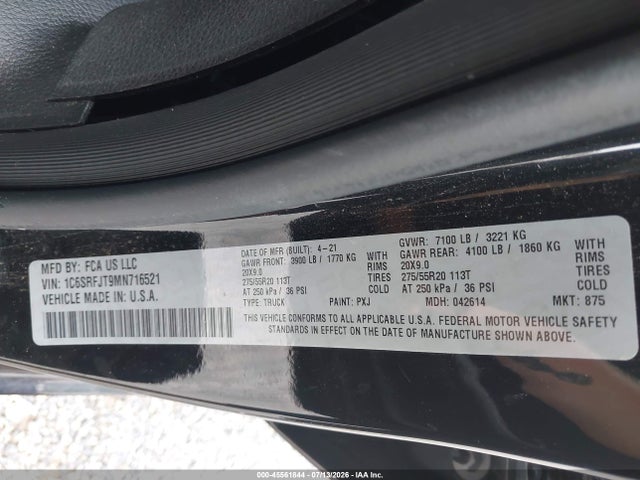 Продажа на аукционе авто 2021 Ram 1500 Laramie  4x4 5'7 Box, vin: 1C6SRFJT9MN716521, номер лота: 45561844