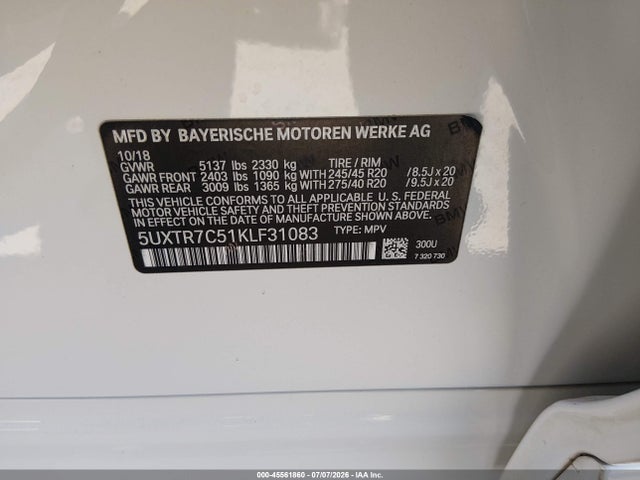 BMW X3 Sdrive30i 2019 5UXTR7C51KLF31083 Image 9