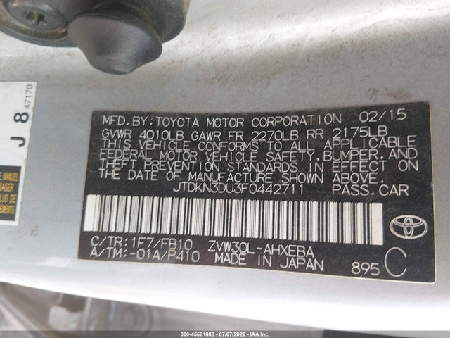 JTDKN3DU3F0442711 Toyota Prius Two