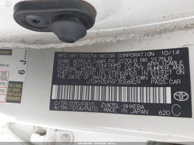 45561907 :رقم المزاد ، JTDKN3DP6F3068829 vin ، 2015 Toyota Prius Plug-in مزاد بيع