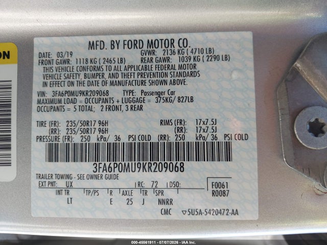 3FA6P0MU9KR209068 Ford Fusion Hybrid Sel