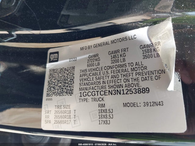 45561915 :رقم المزاد ، 1GCGTCEN3N1253889 vin ، 2022 Chevrolet Colorado مزاد بيع
