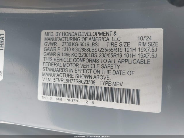 5FNRL6H77SB023508 Honda Odyssey Sport-l