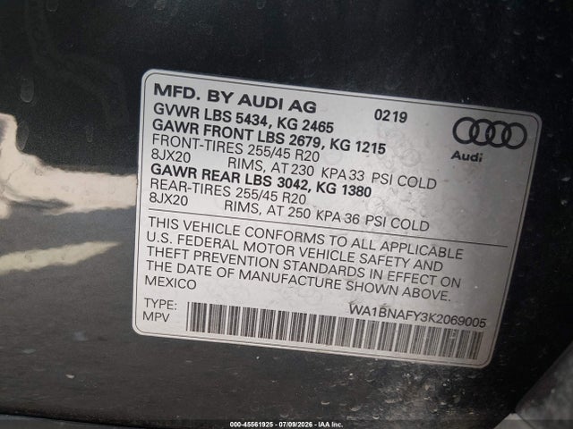 Продажа на аукционе авто 2019 Audi Q5 45 Premium, vin: WA1BNAFY3K2069005, номер лота: 45561925