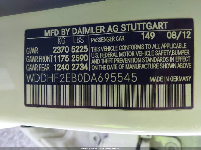 45561949 :رقم المزاد ، WDDHF2EB0DA695545 vin ، 2013 Mercedes-benz E 350 Bluetec مزاد بيع