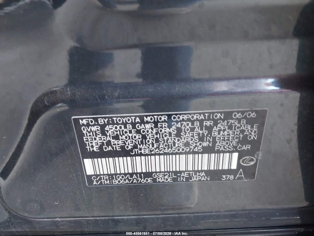 2006 Lexus Is 350 მანქანა იყიდება აუქციონზე, vin: JTHBE262465009745, აუქციონის ნომერი: 45561951