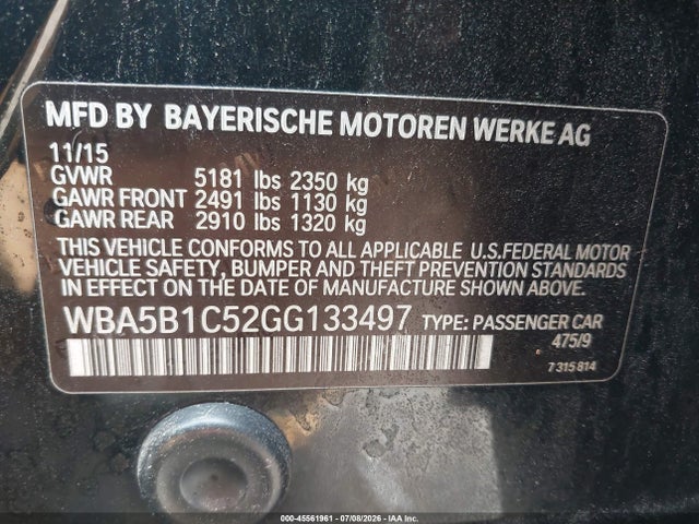 Aukcja sprzedaży 2016 Bmw 535i, vin: WBA5B1C52GG133497, numer aukcji: 45561961